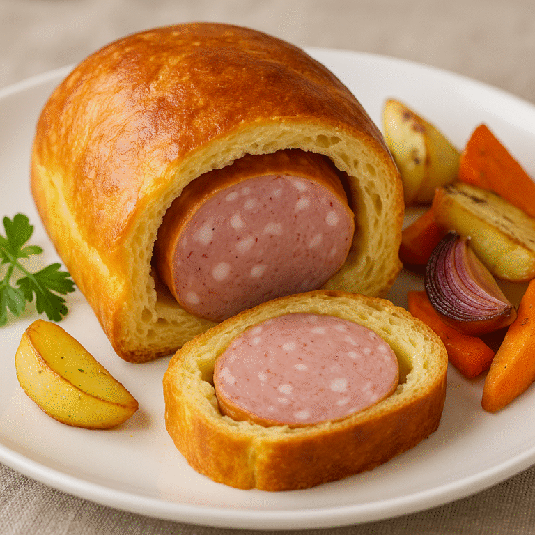 Saucisse en croûte et légumes rôtis